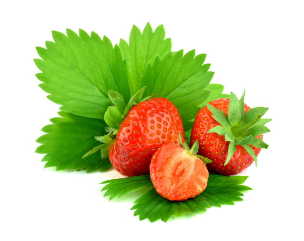 红色草莓，全叶和半叶，孤立。图片下载