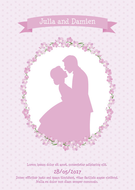 婚礼的邀请卡与剪影的新娘和新郎在爱图片下载