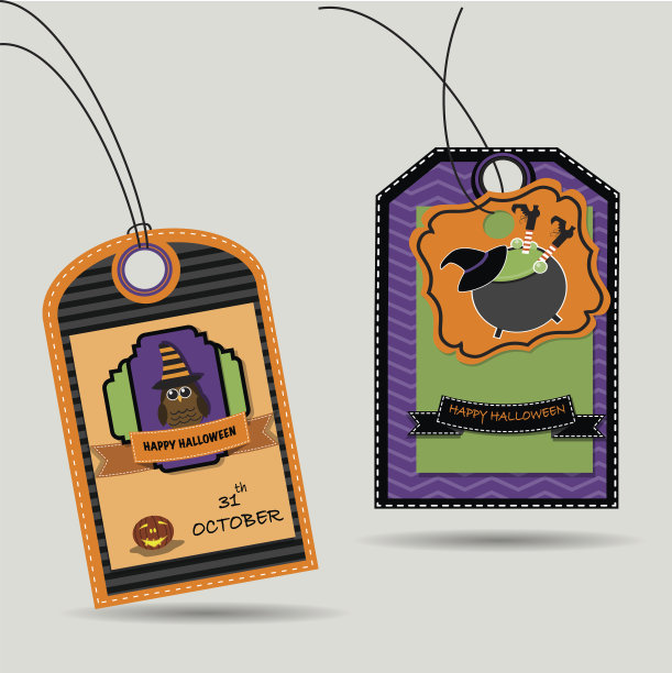 万圣节快乐，猫头鹰和女巫的标签。插图图片下载