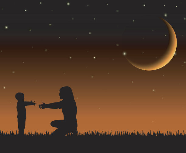 母亲和孩子的剪影在夜晚的背景上图片下载