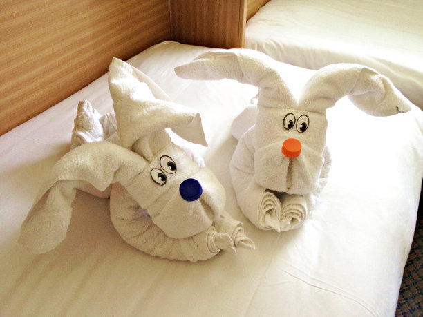 酒店房间的白兔毛巾装饰图片下载