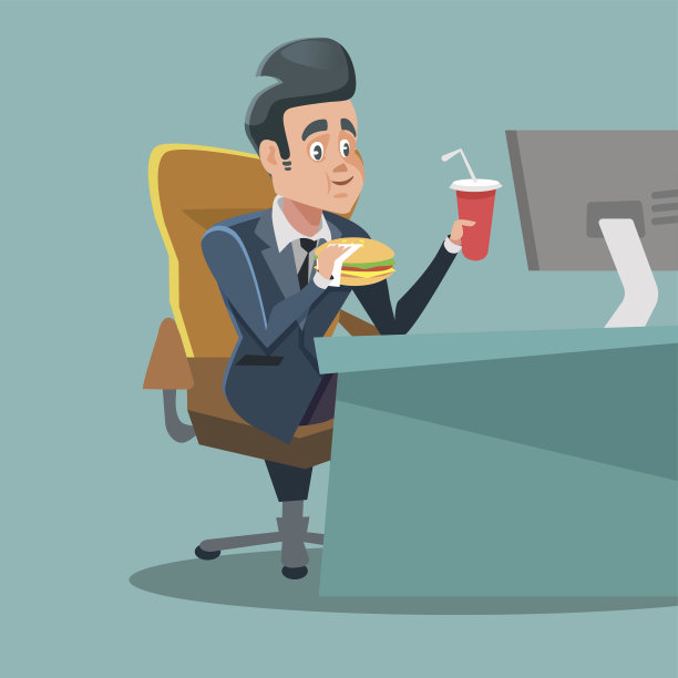 商人卡通在办公室吃快餐。不健康的饮食图片下载