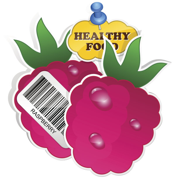 树莓图标与条形码和健康食品贴纸图片下载