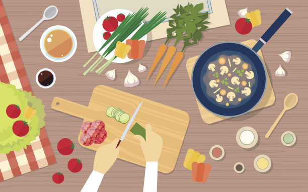 炒菜手切菜，厨房餐桌上的健康饮食角度图片下载