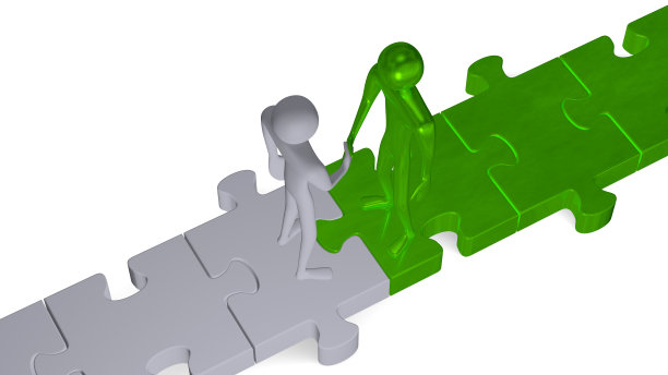 灰色和绿色3d的人在拼图上握手图片下载