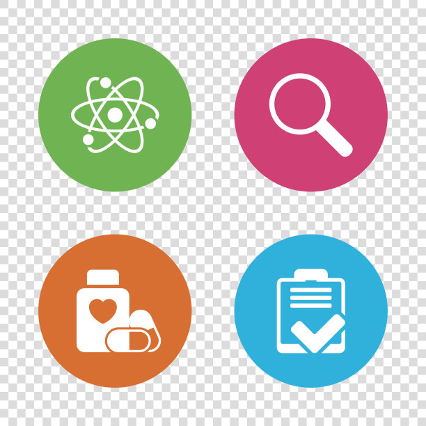 医疗图标。原子，放大镜，清单。图片下载