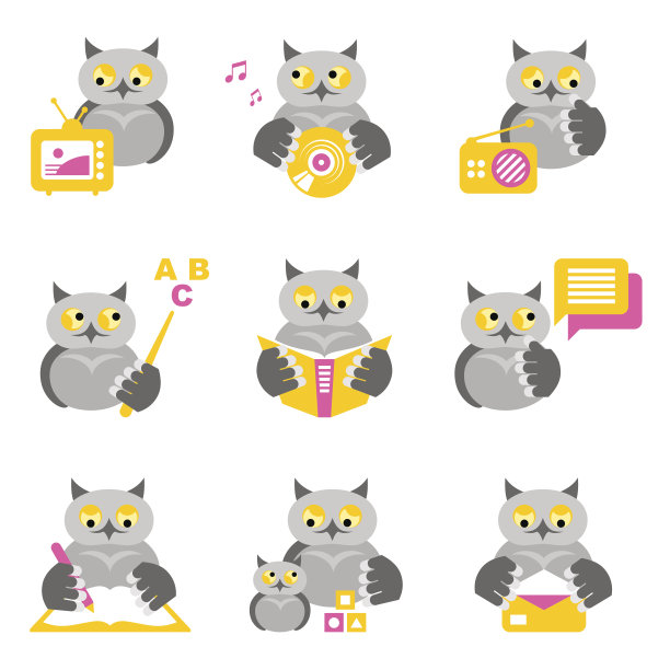 一组彩色图标-猫头鹰在白色背景上的教育和科学主题。图片下载