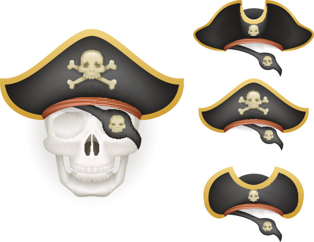 骷髅与海盗帽设置现实的头孤立模板模型矢量插图素材图片
