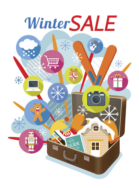 带有冬季物品和图标的手提箱图片下载