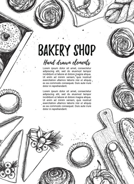 手绘矢量插图。有糕点的宣传手册。烘焙店。完美的餐厅宣传册，咖啡馆传单，外卖菜单。现成的设计模板与草图插图图片下载