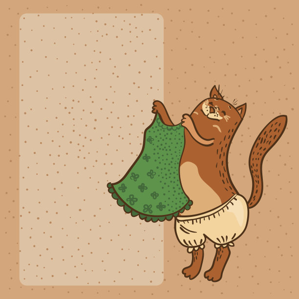 漂亮的棕色小猫与绿色服装矢量插图图片下载