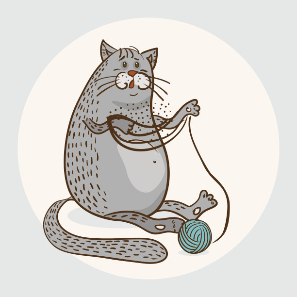 有趣的胖猫与球纱线矢量插图图片下载