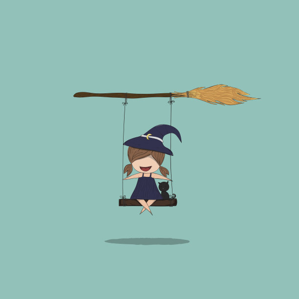 可爱的巫婆和黑猫一起荡秋千图片下载