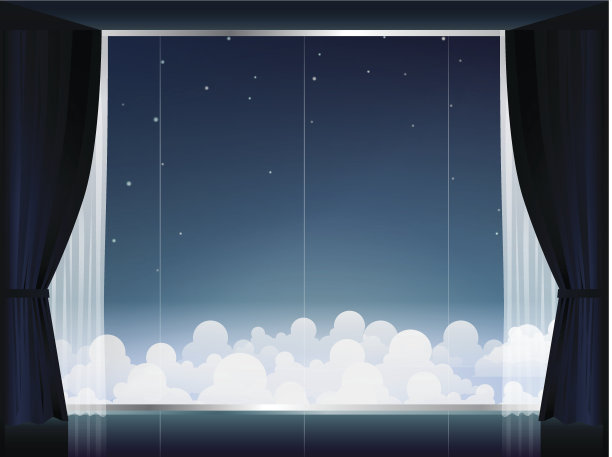 在有大窗户的房间里，可以看到云上的夜晚素材图片