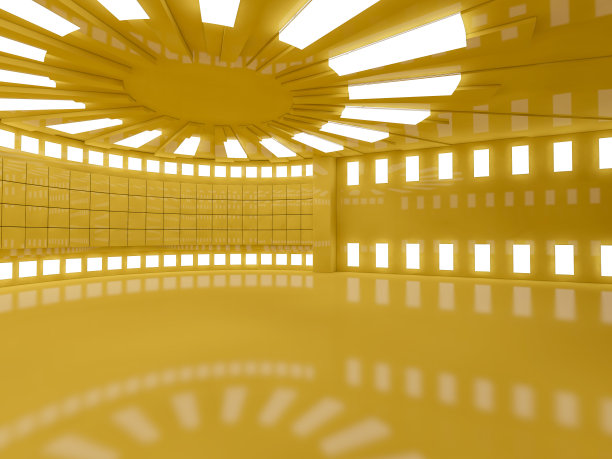 空的黄色房间内部有灯。三维渲染素材图片