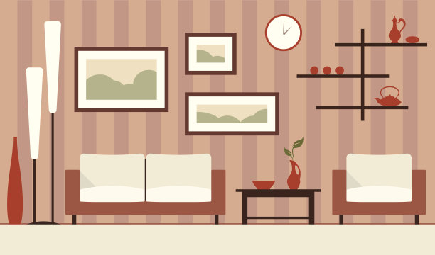 卡通简约现代客厅的矢量色室内插图。图片下载