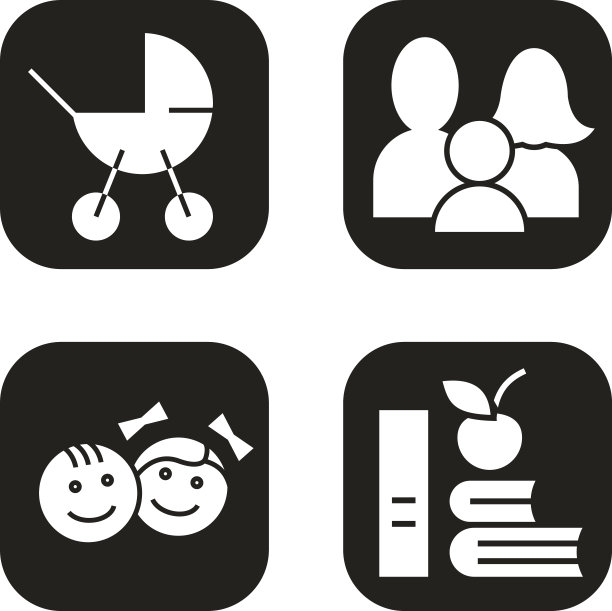 家庭的图标集。婴儿车，儿童，苹果和书籍的象征。矢量白色轮廓插图在黑色方块。图片下载
