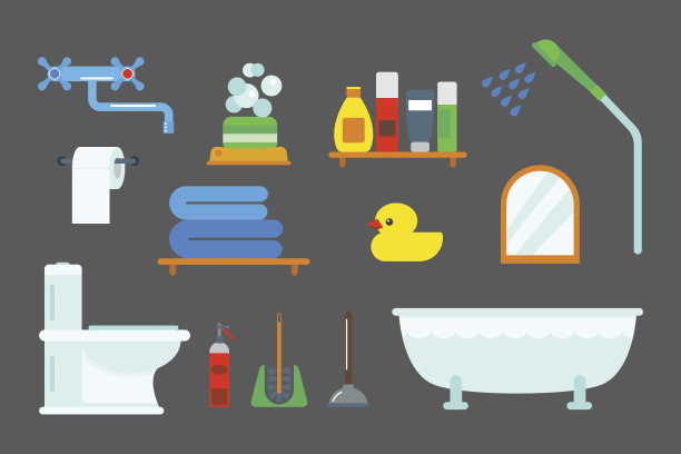 浴室设备图标淋浴平面风格彩色剪辑艺术插图卫生矢量设计图片下载