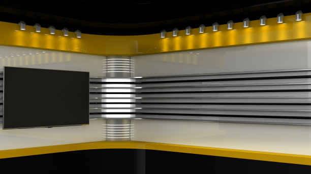 电视演播室。黄色的工作室。电视节目的背景。墙上的电视。新闻工作室。任何绿色屏幕或色度键视频或照片制作的完美背景。3 d渲染。图片下载