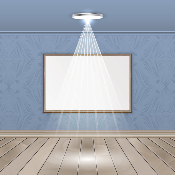 室内房间采用木地板、图像、聚光灯和无缝墙纸。图片下载