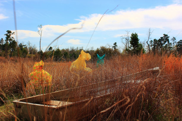 废弃的划艇在杂草与复古裙的背景图片下载