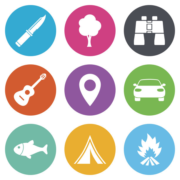 野营、旅游图标。钓鱼,吉他音乐图片下载