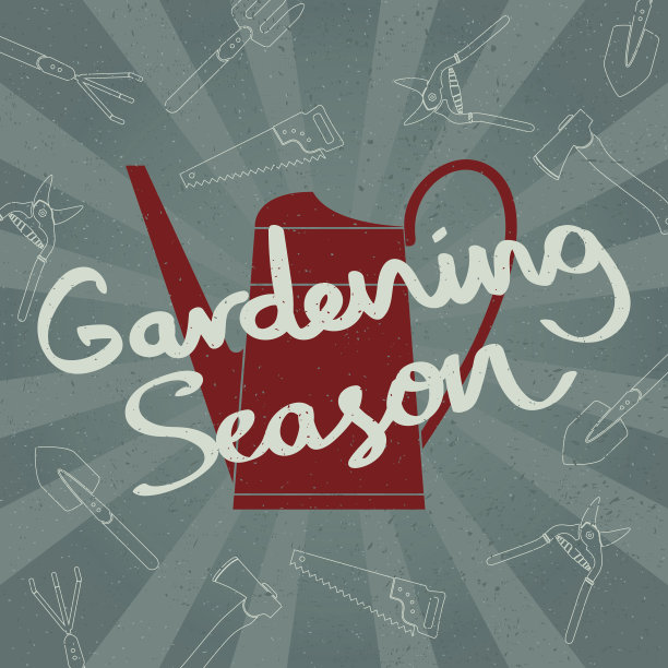 垃圾喷壶剪影与手绘园艺季节字母图片下载