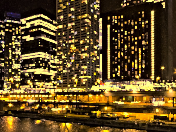 城市灯光的抽象与河流在夜晚的反射图片下载