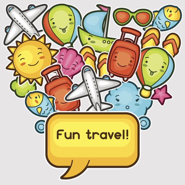 可爱的旅行背景与卡哇伊涂鸦。夏日收藏的欢快图片下载