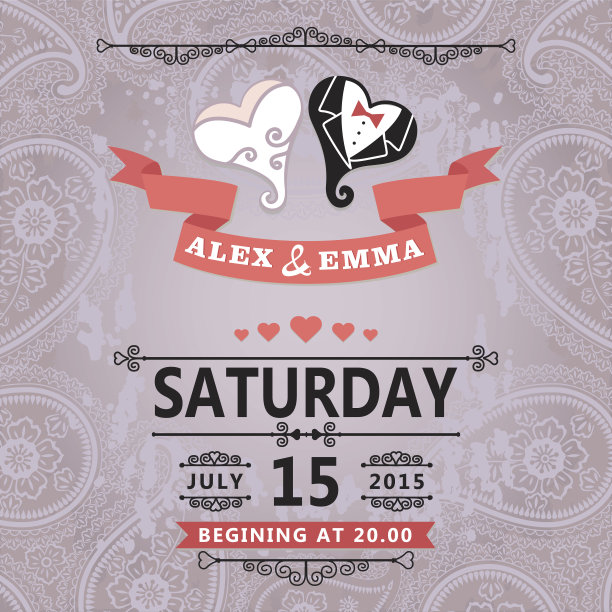 佩斯利花边的婚礼请柬。程式化的婚礼之心图片下载