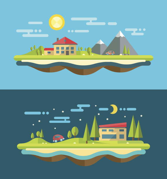 现代平面设计概念景观插图与建筑图片下载