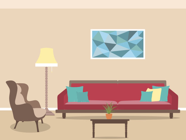 客厅室内设计为平面风格，包括家具、台灯、沙发、扶手椅和茶几。图片下载