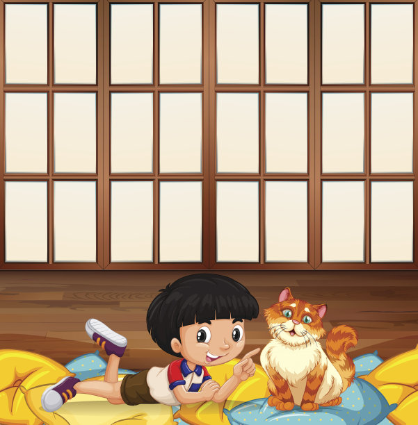 男孩玩小猫的房间图片下载