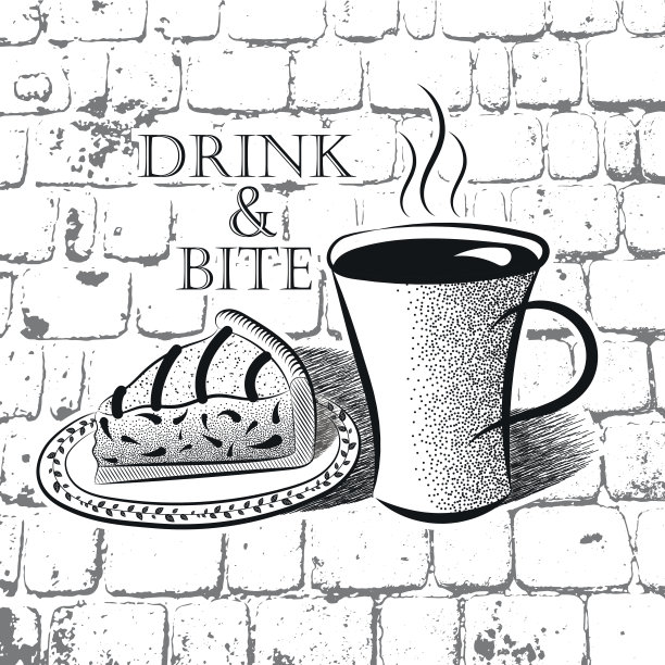 黑色和白色矢量插图杯咖啡和一块蛋糕在一个盘子和题词喝和咬在复古风格图片下载