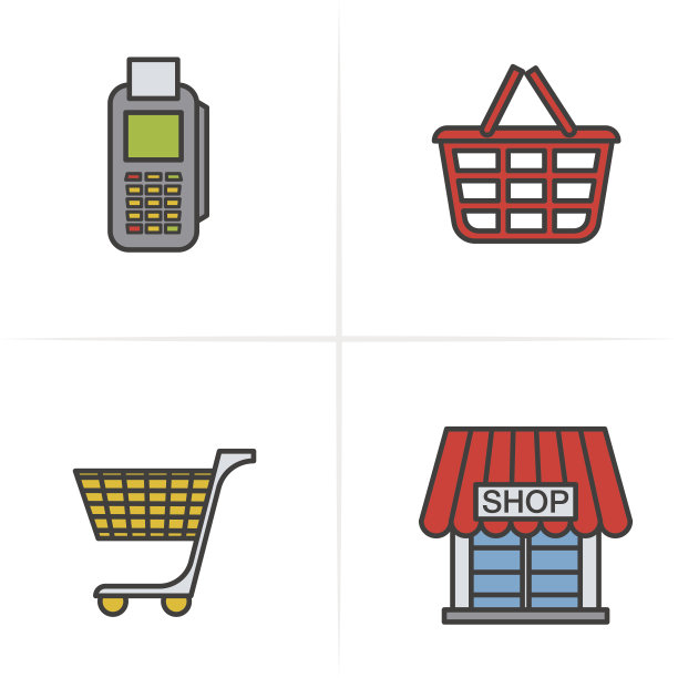 购物颜色图标集。卡片终端，购物篮，购物车，商店标志。图标的概念。向量孤立的插图。图片下载