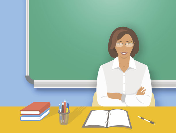 办公桌前的学校女老师扁平插画素材图片