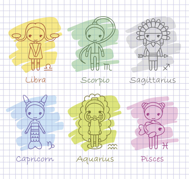矢量星座天秤座，天蝎座，射手座，摩羯座，水瓶座，双鱼座图片下载