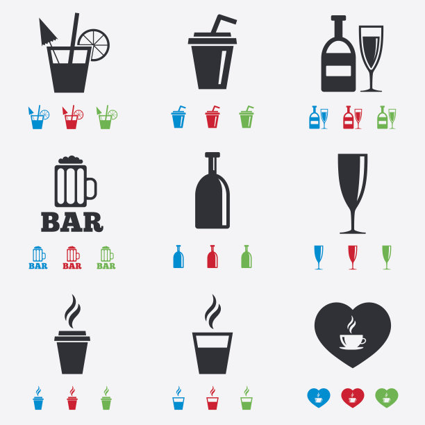 啤酒、咖啡和茶的图标。酒精饮料图片下载