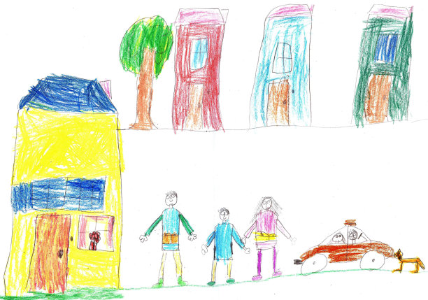 孩子在画一个幸福的家庭和汽车图片下载