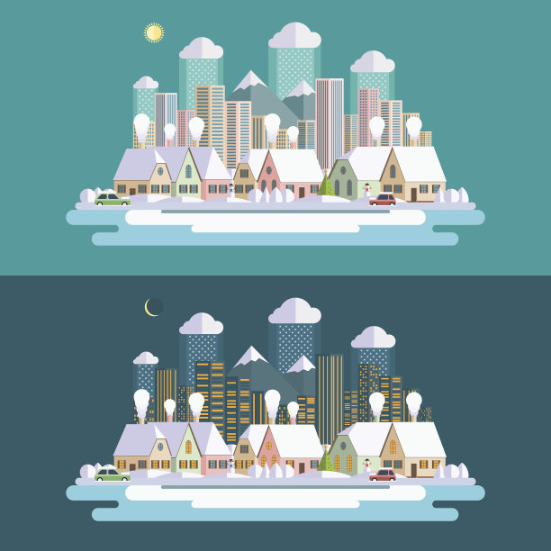 平面设计城市冬季景观插图图片下载