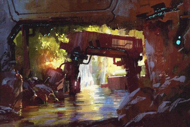 未来的森林，古老的机器在森林深处的瀑布图片下载