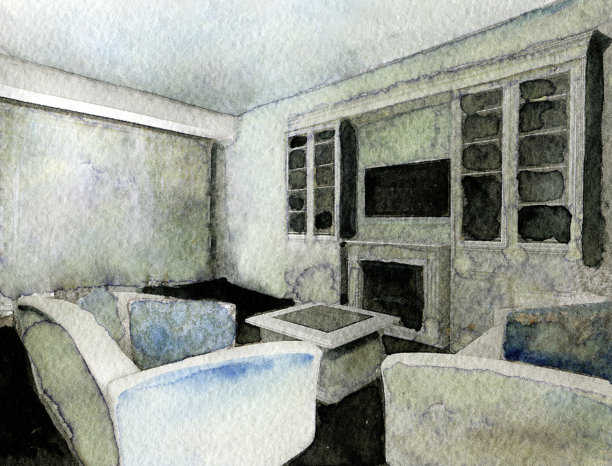 现代客厅水彩素描。大厅。客厅。室内图片下载