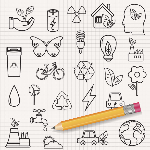 生态图标集：可再生能源和绿色科技手绘图标矢量素材图片下载