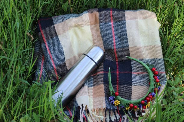 发圈金属热水瓶在格子毯子绿色草地上图片下载
