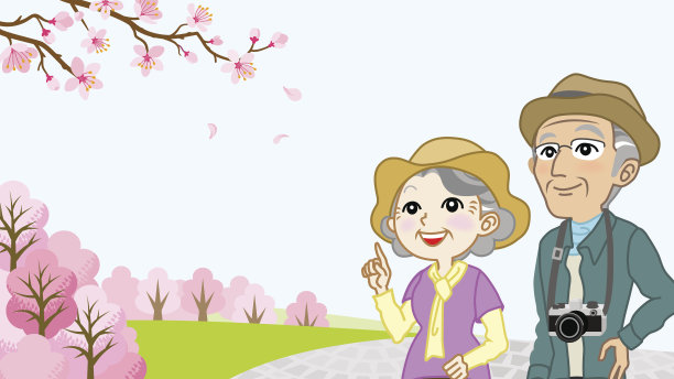 老年夫妇欣赏樱花观赏图片下载