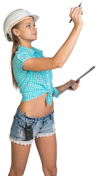 戴着白色头盔的漂亮女孩，拿着纸夹和圆珠笔图片下载