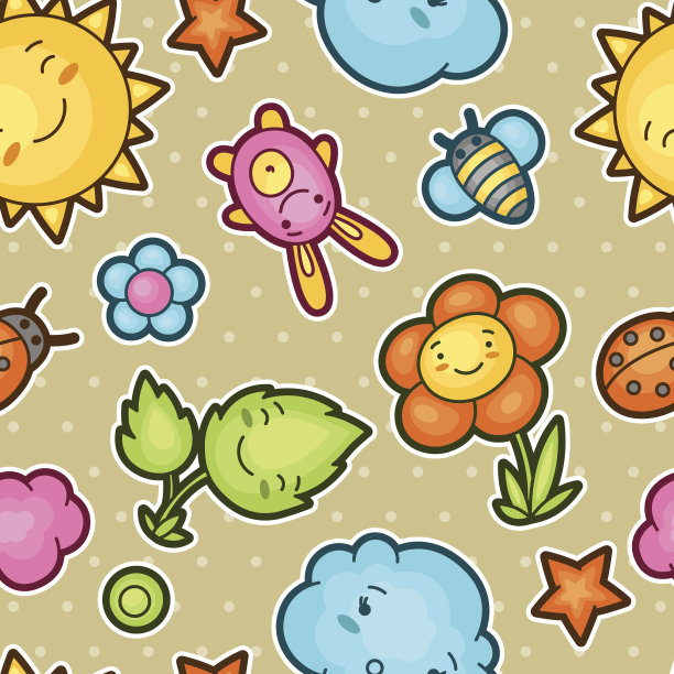 无缝卡哇伊儿童图案与可爱的涂鸦。春天的集合图片下载