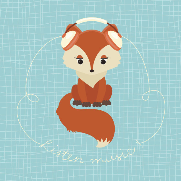 可爱的狐狸戴着耳机听音乐图片下载