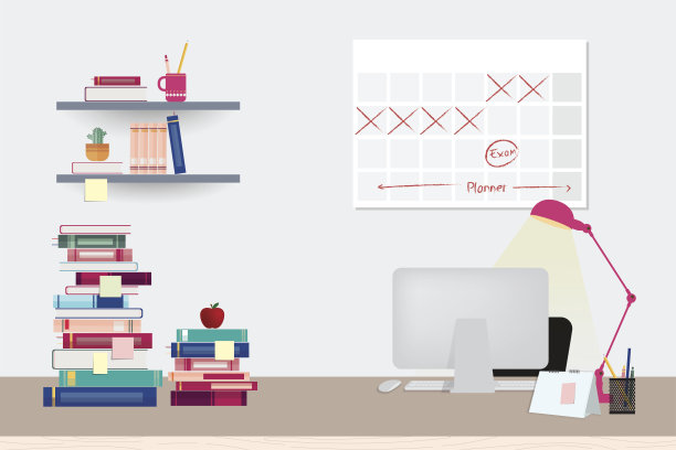 插图工作空间与电脑，书籍和文具在桌子上图片下载