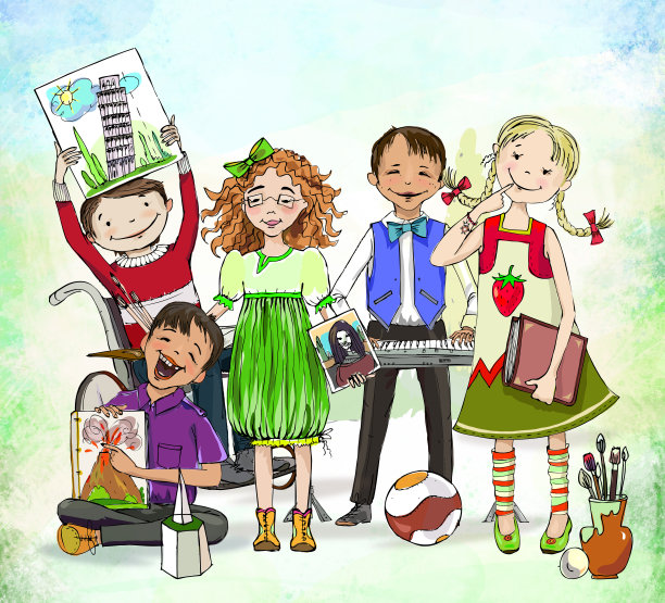 一群孩子，包括坐在轮椅上的男孩，展示着不同的学校活动图片下载